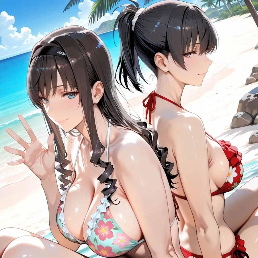 【無料エロ漫画・同人】森○はるか＆塚○響inビーチ-0枚目