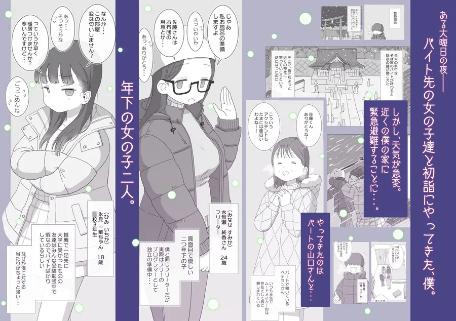 【無料エロ漫画・同人】ある大雪の冷たい夜僕の家の布団の中でバイト先の女の子達が内緒で密着あたためえっちしてくれた。-0枚目