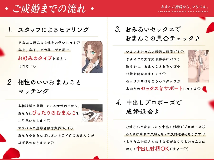 【無料エロ漫画・同人】おまんこ婚活なら、マリベル。 ～婚前セックスでカラダの相性チェックOK♪おまんこでお嫁さんを選べる都合良すぎ結婚相談所～-2枚目