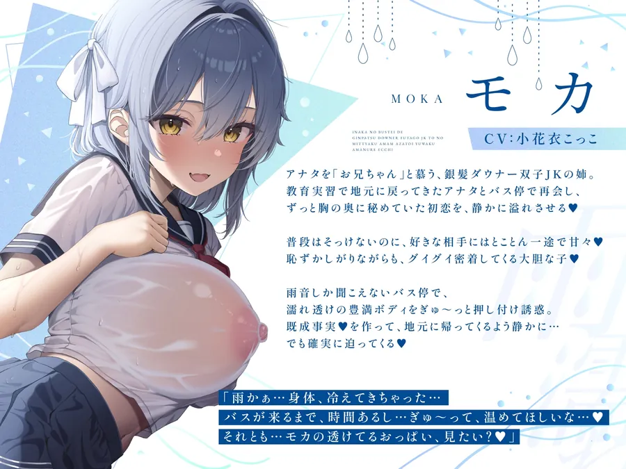 【無料エロ漫画・同人】【WフェラW耳舐め】田舎のバス停で銀髪ダウナー双子JKとの密着あまあま×あざとい誘惑雨濡れエッチ-1枚目