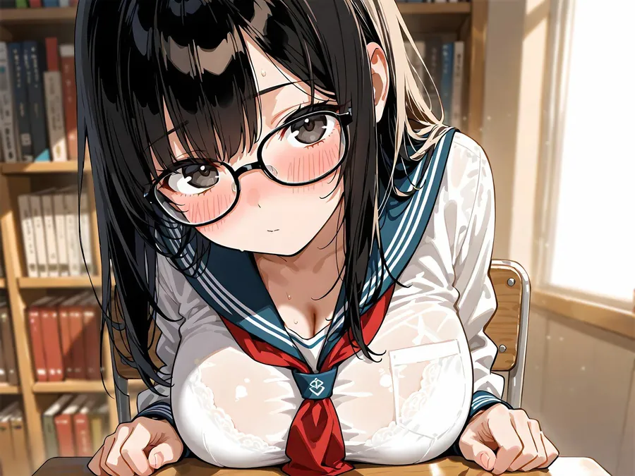 【無料エロ漫画・同人】おとなしめな巨乳図書委員の後輩に勉強を教えていたら…谷間に興奮して勃起バレ→密着囁きでお礼の中出しえっち-3枚目