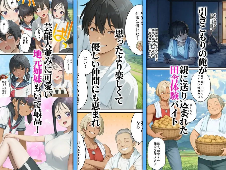【無料エロ漫画・同人】性に豊かな田舎体験はいかがですか？〜地元姉妹と5人でグループセックス〜-0枚目